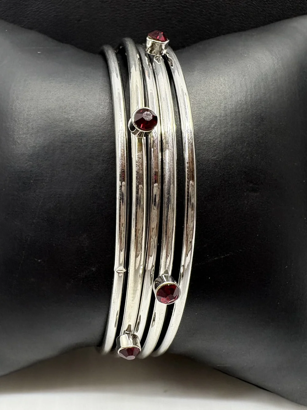 Silver Tone Bangle Set with Red Crystal Accents